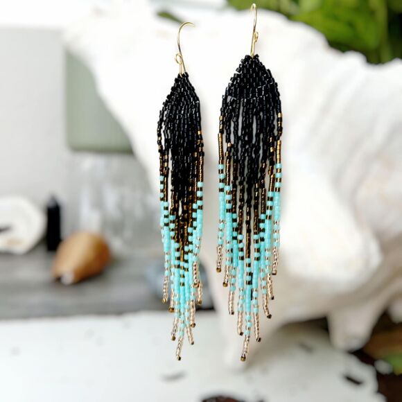 Beaded Fringe Dangle Earrings, Seed Bead, Boho Chic Statement Jewelry 4.5" - Picture 1 of 7